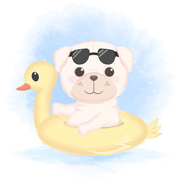 Cute Pug in swim ring, hand drawn dog cartoon illustration