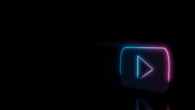 Abstract 3d rendering glowing blue purple neon symbol of online youtube music player logo with glowing outlines with rays on black background with reflection