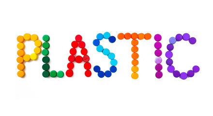 Word plastic made with bottle caps on isolated background