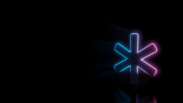 Abstract 3d rendering glowing blue purple neon symbol of asterisk with glowing outlines with rays on black background with reflection