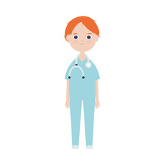 cartoon doctor standing with stethoscope icon, flat style