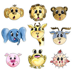 children's watercolor illustration with surprised animals