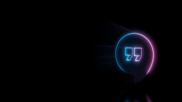 Abstract 3d rendering glowing blue purple neon symbol of circular comment bubble with quote with glowing outlines with rays on black background with reflection
