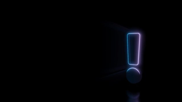 Abstract 3d rendering glowing blue purple neon symbol of exclamation symbol with glowing outlines with rays on black background with reflection