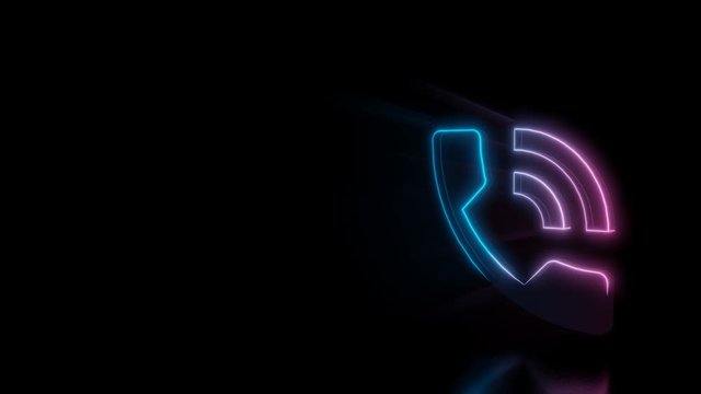 Abstract 3d rendering glowing blue purple neon symbol of phone with two sound waves with glowing outlines with rays on black background with reflection