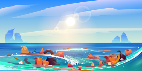 Pollution sea by plastic trash, garbage in water. Vector cartoon landscape of pacific ocean with floating dirty waste, bottles,boxes and bags. Ecological problem of polluted environment