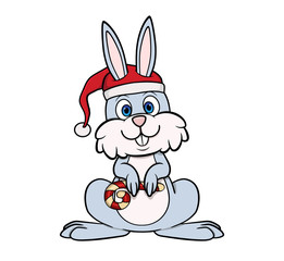 Cartoon blue hare in a Christmas hat and with candy in his hands. vector isolated on white background