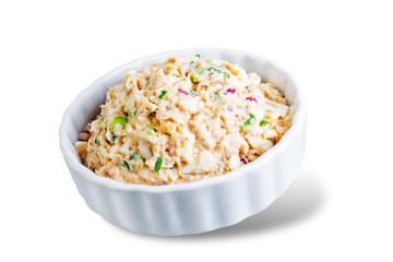 Canned Tuna red onion egg salad on a white isolated background