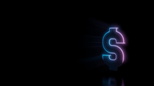 Abstract 3d rendering glowing blue purple neon symbol of dollar symbol with glowing outlines with rays on black background with reflection