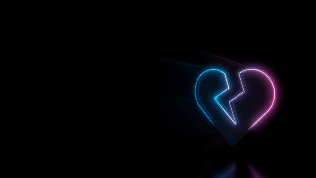 Abstract 3d rendering glowing blue purple neon symbol of heart with crack with glowing outlines with rays on black background with reflection