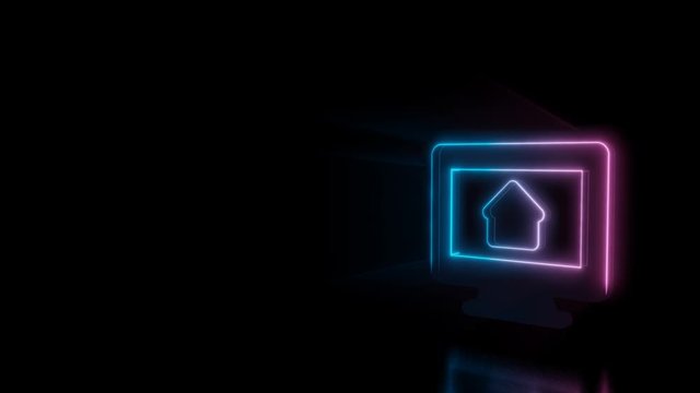 Abstract 3d rendering glowing blue purple neon symbol of monitor with house on screen with glowing outlines with rays on black background with reflection