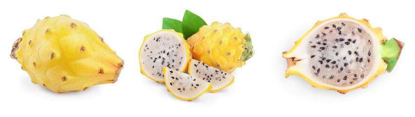Ripe Dragon fruit, Pitaya or Pitahaya yellow isolated on white background, fruit healthy concept. Set or collection