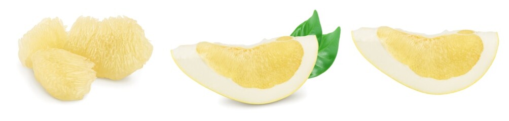 slice of pomelo with leaf isolated on white background. Set or collection