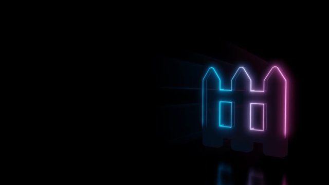 Abstract 3d rendering glowing blue purple neon symbol of fence from three panels with glowing outlines with rays on black background with reflection
