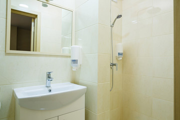 Bright bathroom, white toilet, washbasin, mirror, shower