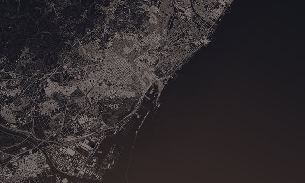 Barcelona, Spain city map 3D Rendering. Aerial satellite view.