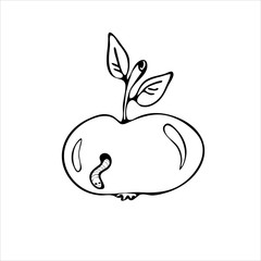 Apple with a worm. Coloring. Isolated on a white background. Minimalism. Hand drawn. Doodle oof different tree set hand draw illustration. Eco-friendly product.