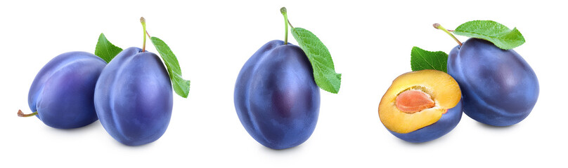 fresh blue plum with leaves isolated on white background. Set or collection