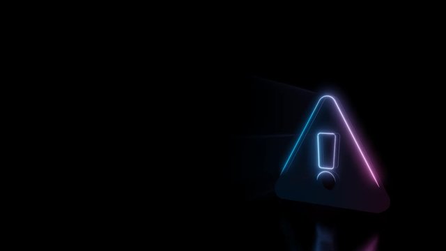 Abstract 3d rendering glowing blue purple neon symbol of exclamation symbol in triangle with glowing outlines with rays on black background with reflection