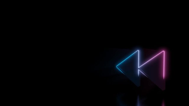 Abstract 3d rendering glowing blue purple neon symbol of rewind sign with glowing outlines with rays on black background with reflection
