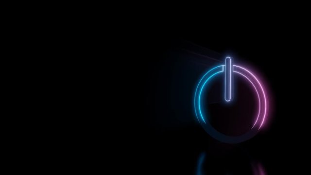 Abstract 3d rendering glowing blue purple neon symbol of power button sign with glowing outlines with rays on black background with reflection