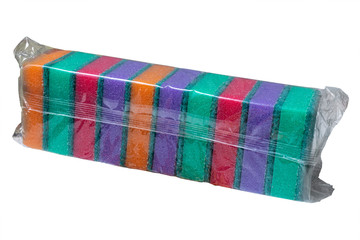 set of sponges for washing dishes in transparent packaging isolated on white.