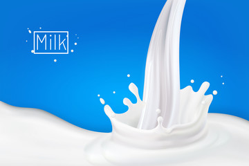 Fototapeta na wymiar Milk splash 3D.Abstract realistic milk drop with splashes isolated on blue background.element for advertising, package design. vector