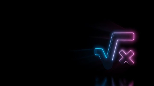 Abstract 3d rendering glowing blue purple neon symbol of root and letter x with glowing outlines with rays on black background with reflection