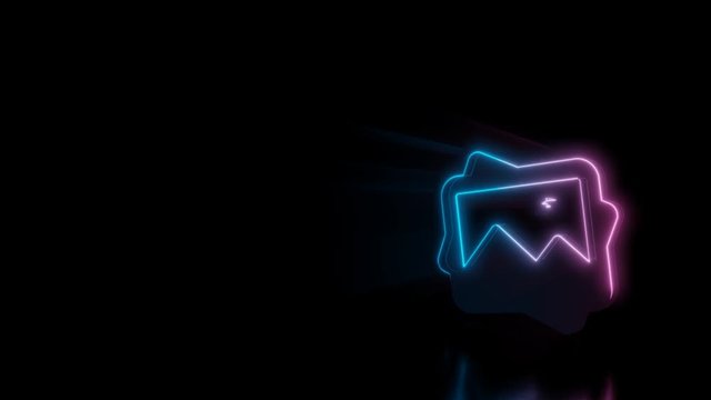 Abstract 3d rendering glowing blue purple neon symbol of picture of mountain and sun with glowing outlines with rays on black background with reflection