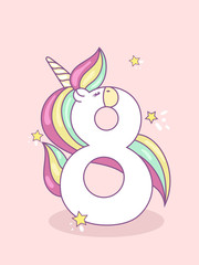 Children Happy birthday card. Greeting, invitation card or flyer. Cute number eight unicorn character.