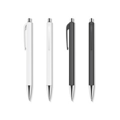 Realistic vector set of white and black automatic ballpoint pens.