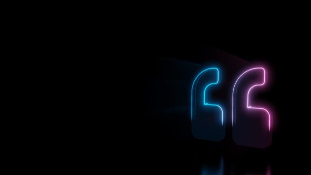 Abstract 3d rendering glowing blue purple neon symbol of quote left mark with glowing outlines with rays on black background with reflection