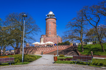 Lighthouse in Kolobrzeg coastal city over Baltic Sea, Poland