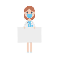 doctor woman with blank billboard icon, flat style