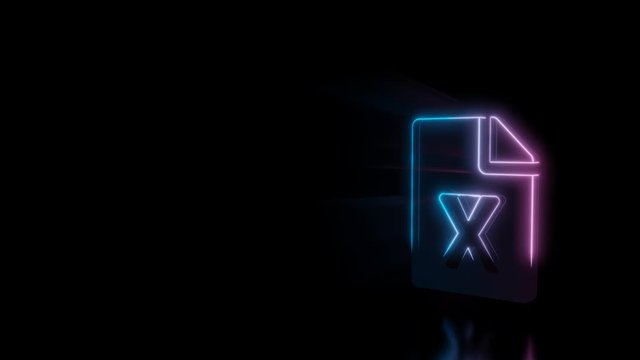Abstract 3d rendering glowing blue purple neon symbol of paper with bent corner and x letter with glowing outlines with rays on black background with reflection