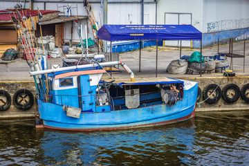 Fish boat in Leba town port over Baltic Sea, Poland
