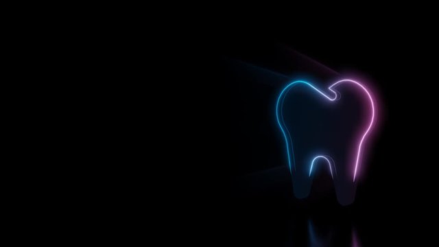 Abstract 3d rendering glowing blue purple neon symbol of tooth with glowing outlines with rays on black background with reflection