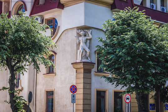 Sculpture on a building in Ternopil city, Ukraine