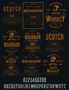 Vintage decorative font. Lettering design in retro style with label. Perfect for alcohol labels, logos, shops and many other.Letters and numbers. Vector illustration