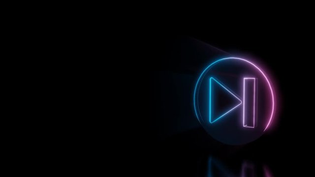 Abstract 3d rendering glowing blue purple neon symbol of skip symbol in circle with glowing outlines with rays on black background with reflection
