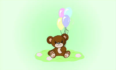 Vector illustration. A smiling teddy bear with balls sits on a grass with flowers. Baby card.