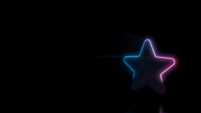 Abstract 3d rendering glowing blue purple neon symbol of star with rounded points with glowing outlines with rays on black background with reflection