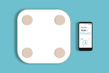 Smart weight scale and a smartphone with a with an app graphic on the mobile screen. Smart body analyzer.