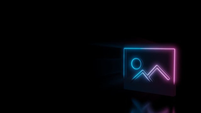 Abstract 3d rendering glowing blue purple neon symbol of picture of mountain and sun with glowing outlines with rays on black background with reflection
