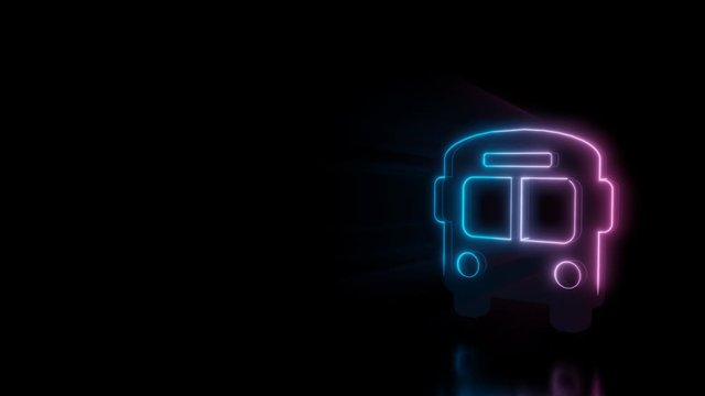 Abstract 3d rendering glowing blue purple neon symbol of bus with glowing outlines with rays on black background with reflection
