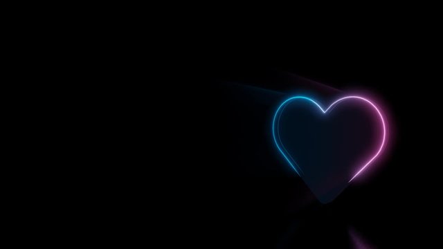 Abstract 3d rendering glowing blue purple neon symbol of heart silhouette with glowing outlines with rays on black background with reflection