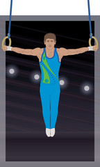 gymnast male suspended holding rings against a dark background with spotlights