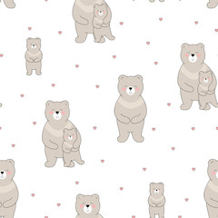 Seamless pattern with cute bears and hearts. Drawn mother bear, father and bear cubs on white. Vector illustration.