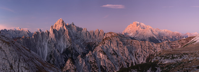 High Mountain peaks in Dolomites, Scenic panorama, edgy rocks at sunset.