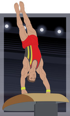 gymnast male inverted on a vaulting horse against a dark background with spotlights © yojo